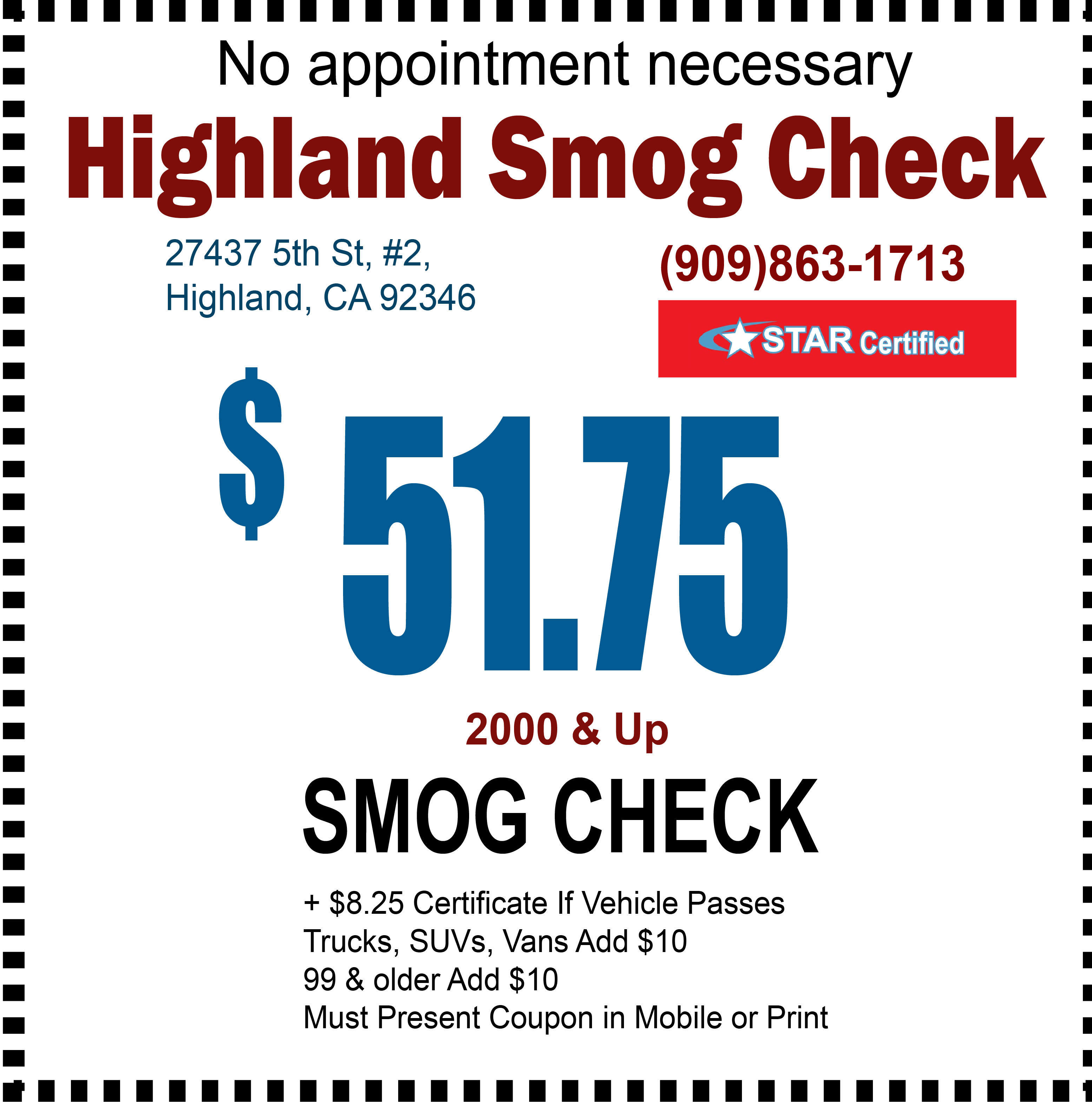 Highland Smog Check Test Only smog check coupon